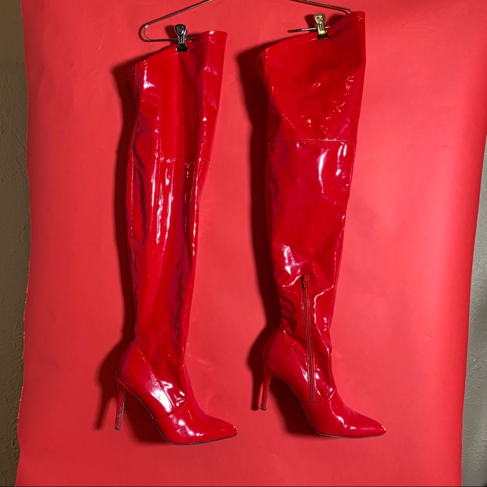 Red Over The Knee Latex Heeled Boots